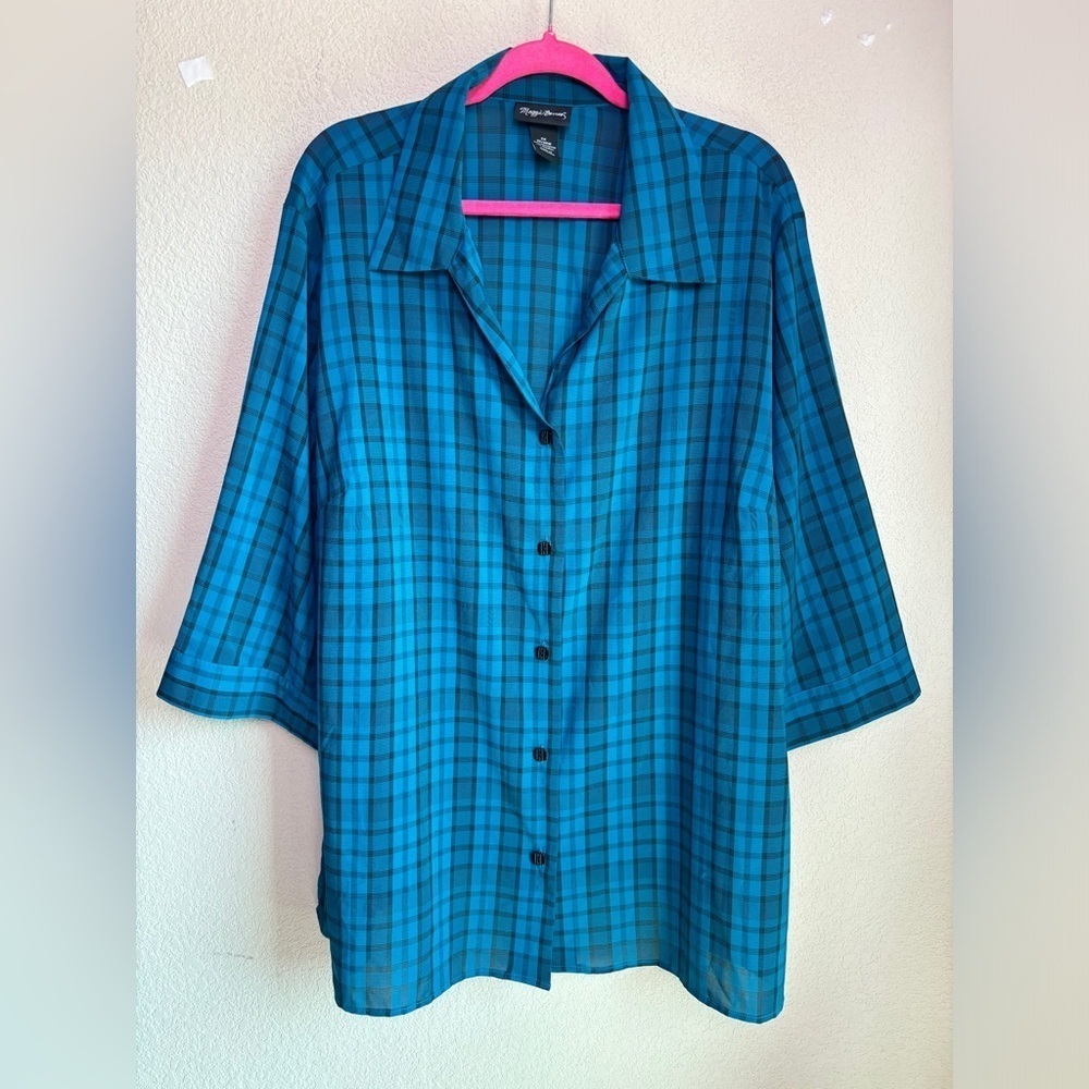 Maggie Barnes Teal Blue Black Plaid Check 3/4 Sleeve Button Up Blouse 2X 22/24W - Picture 2 of 7